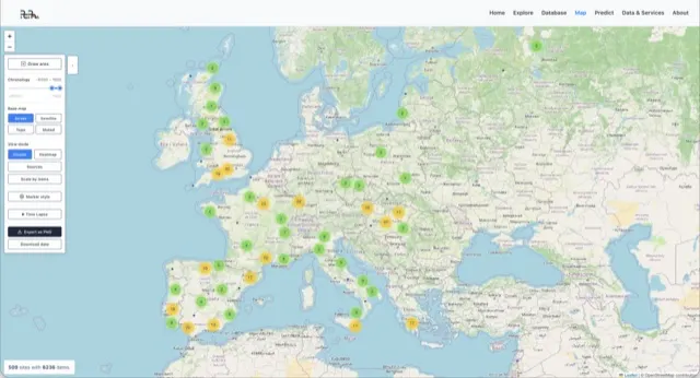 Captura del mapa de PEPAdb con la distribución de los registros de ámbar en Europa